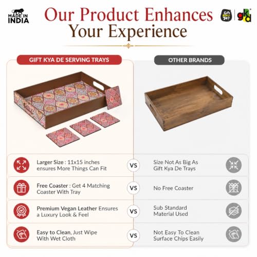 Image of GKD Wooden Serving Tray with Free 4 Coasters - 11x15 Inch Large Tea & Coffee Tray, Snack Tray Decorative MDF Trays for Home & Kitchen - Food Trays with Handles for Dining & Bar (Elegant Mandala)