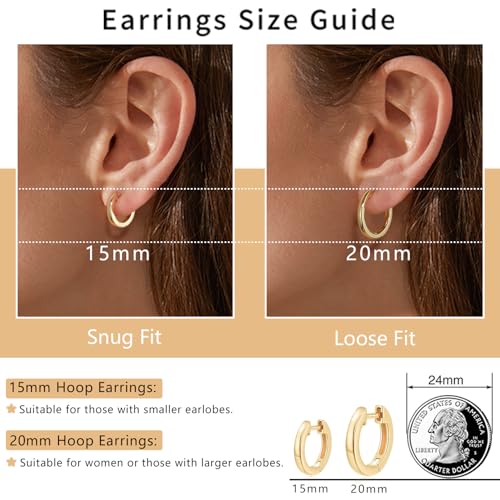 Jewlpire 14K Gold Hoop Earrings with 925 Sterling Silver Post Hypoallergenic Lightweight Small Hoop Earrings for Women 15mm 20mm Huggie Earrings3