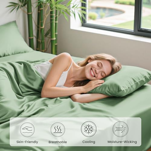 Image of Love's cabin 4 Piece King Size Sheet Set, 100% Rayon Derived from Bamboo, Cooling & Breathable, Soft Silky Deep Pocket up to 16 inch, Hotel Luxury Bedding for Hot Sleepers, Sage Green