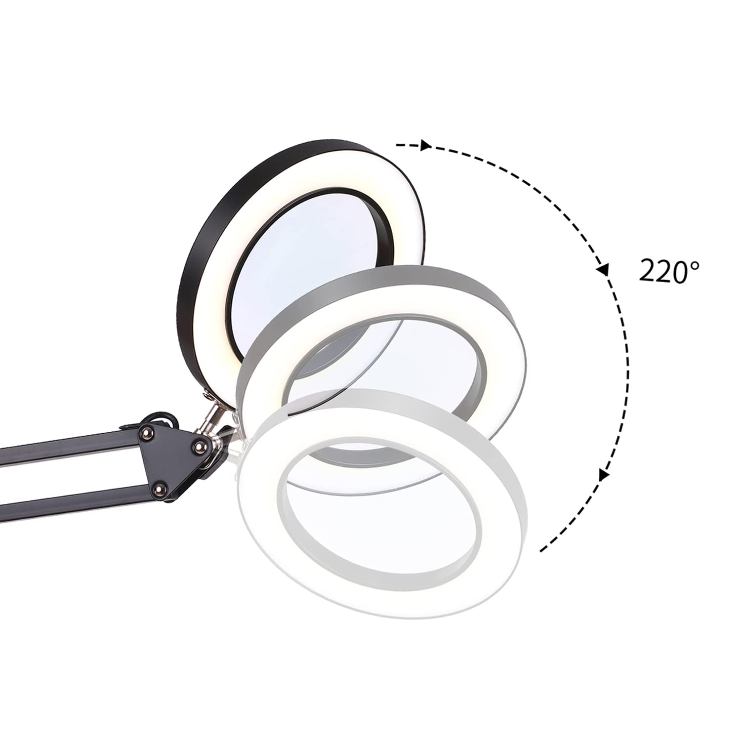 Lámpara de Aumento LED Ampliación 5X, Lámpara de Lupa con Luz,3 Modos de Color 10 Niveles Regulables, Alimentación USB,Lámpara de Brazo Giratorio Ajustable con Clip