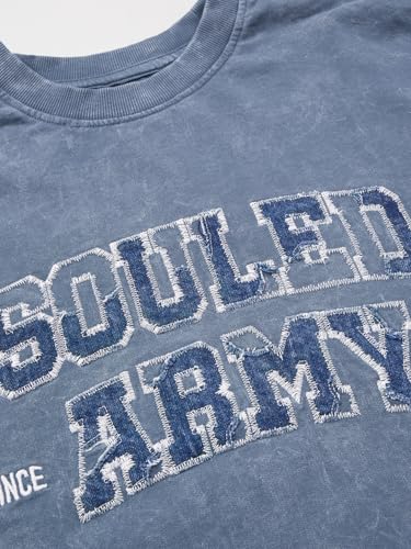 Image of The Souled Store Souled Army Men and Boys Round Neck Blue Embroidered Cotton Oversized Full Sleeve T-Shirts