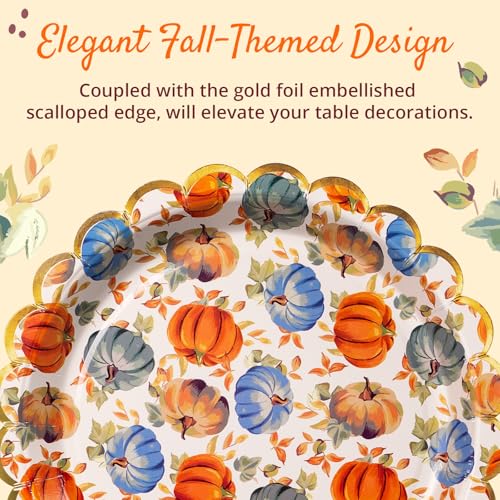 Image of Confettiville Thanksgiving Paper Plates, 50-Count Fall-Themed Decorative Disposable Serving Plates, Pale Apricot, Gold Foil Scalloped Edge, 9 Inches