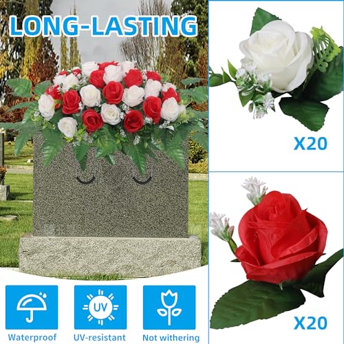Cemetery Headstone Flower Saddle,Artificial Cemetery Flower Saddles for Graves,Artificial Rose Cemetery Memorial Flowers for Outdoor Tombstone Headstone Decorations (Red) image 5