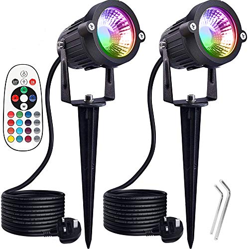 WeFoonLo Paquete de 2 luces LED de paisaje para exteriores, impermeables, con soporte de pico y enchufe para entrada, iluminación de césped al aire libre, jardín de inundación, patio (6 W, RGB)