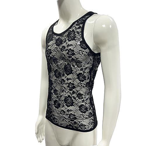 Men's Floral Lace Fitted Muscle Tank Tops Mesh Transparent Workout Vest Tshirt Underwear3