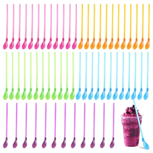 60 Stück Wiederverwendbare Slush Strohhalme 2 in 1 Strohhalm Löffel Bunte Plastikstrohhalme für Boba, Milchshakes, Cocktails und Partys