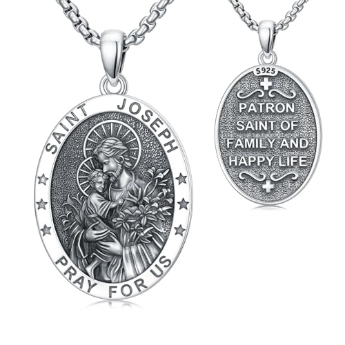 Seiyang Fathers Day Jewelry Gifts St Joseph Medal for Men 925 Sterling Silver Saint Joseph Pendant Necklace Medalla De San Jose Pendant Amulet Protection Jewelry Religious Gifts