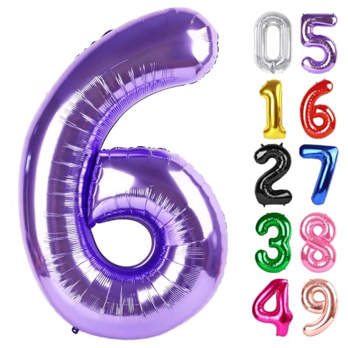 Image of Purple Number 6 Balloon 40 Inch, 6th Birthday Party Decorations, Giant 6 Foil Balloon for Party Supplies