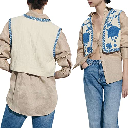 Qianderer Damen Vintage Stickerei Floral Weste Y2k Leinen Offene Vorderseite Ärmellos Cardigan Mode Blumenweste, L