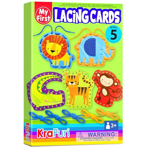 KRAFUN Kit de Tarjetas de Cordones Safari para Niños 3+ Años, 5 Proyectos Fai da Te (León, Mono, Elefante), Instrucciones, Juguete Educativo para Motricidad Fina