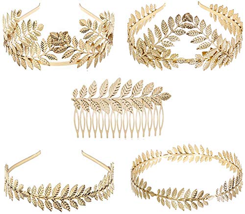 Bandeau de mariage, Danolt 5 Pièces Déesse Grecque Style Couronne Cheveux Band Peigne avec des feuilles de Laurier Or pour mariée Accessoires de cheveux de fête de mariage Cover