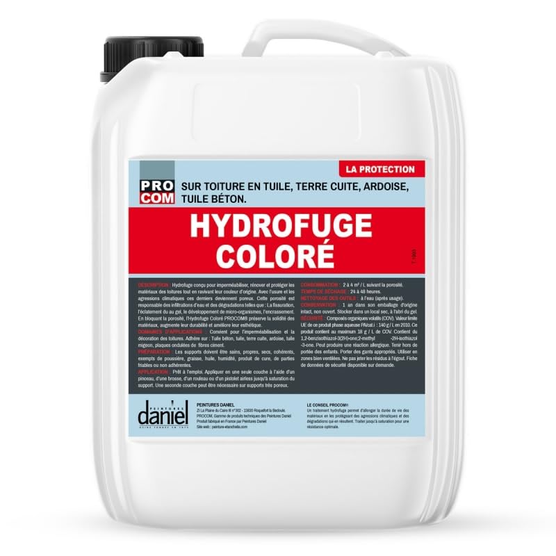PRO COM Hydrofuge coloré toiture, imperméabilisant toiture tuile, ardoise, terre cuite, béton, ciment, ravive les teintes 20 litres