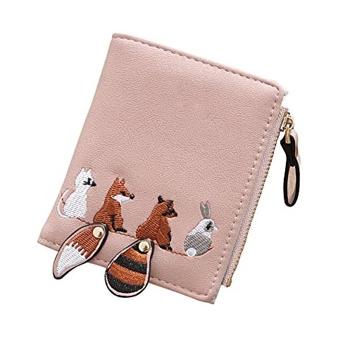 Fueerton Women's Cute Embroidery Animal Leather Coin Purse Card Holder Short Wallet (Light Pink) Cover