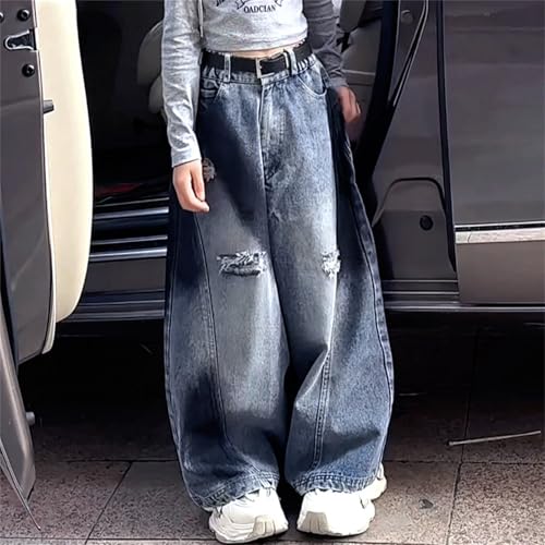 Girls Baggy Jeans Streetwear 𝗩intage 𝗬2K Elastic High Waist Wide Leg Ripped Jeans Straight Leg Denim Pants2