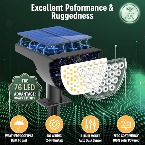 GKGG Solar Lights Outdoor Waterproof IP65, Solar Powered 76 LED 3 Lighting Modes Solar Spot Lights Outdoor for Yard Garden Landscape Pathway (Warm White, 4 Pack) - Image 3
