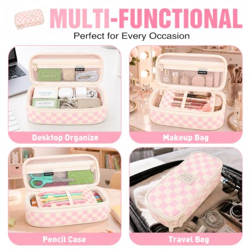 Image of Pencil Case, Large Capacity Aesthetic Pencil Cases with Durable Zipper, Big Stationery Pencil Pouch for Women & Men , Adults Portable Storage Organizer Bag for College, Office, Travel (Pink Grid)
