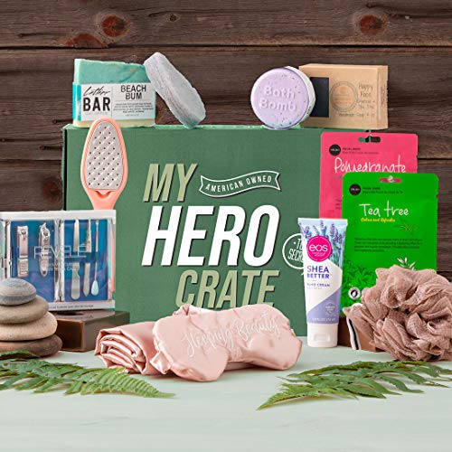 My Hero Crate - Women's Relaxation Gift Box & Care Package for Women - Happy Face Soap, Beach Bum Soap, Revele Manicure Set, Eos Shea Butter Hand Cream and Lip Balm