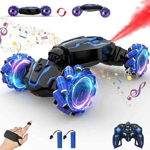 JAMIEWIN Remote Control Car Kids Toys, 4WD RC Drift Car Toy Cars,Gesture Sensing RC Stunt Car with Music Lights Sprayer,Double-Sided 360°Rotation Transform RC Car for Boys Ages 6-12 Blue Cover