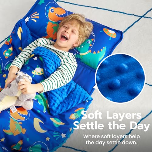 Image of JOIEDOMI Toddler Sleeping Bag for Kids 55''x30'' Nap Mat with Removable Pillow and Minky Blanket for Toddler Ages 3-7 Roll Up Soft Kids Sleeping Bag for Boys Girls Kindergarten Daycare Sleepover