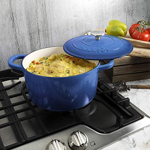 Image of Crock-Pot Artisan 5-Quart Round Enameled Cast Iron Dutch Oven - Blue, Durable Heavy-Duty Cookware for Slow Cooking, Roasting, Baking with Lid