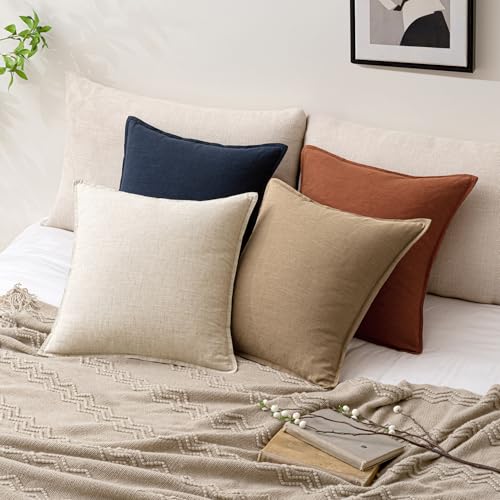 Image of 18x18 Inch Set of 2 Decorative Linen Solid Throw Pillow Covers Boho Accent Farmhouse Couch Pillowcases Modern Netural Home Decor for Couch Sofa Living Room Bed,Light Brown