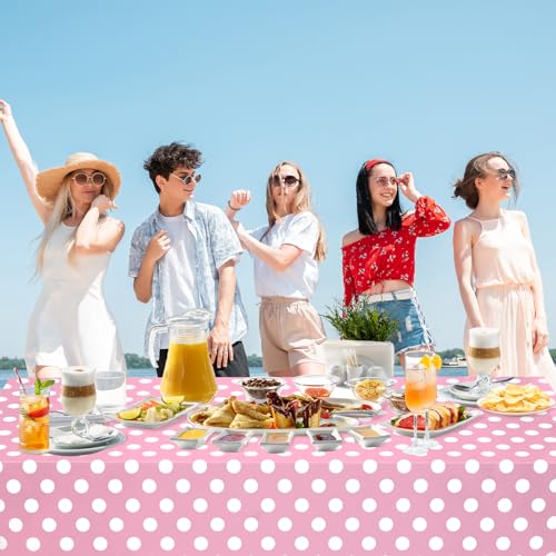 Image of WNINK 4 Pack Light Pink and White Polka Dot Tablecloths, Pink Disposable Plastic Table Cover for Birthday, Wedding, Bachelor, Pink Girl Party, and Picnic Camping Parties 54 inch x 108 inch