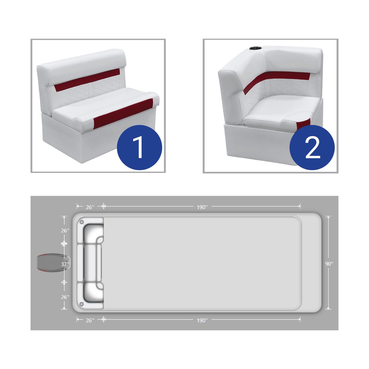 Wise DLX Rear Couch Pontoon Furniture Set – Marine Grade Vinyl, High-Compression Foam Cushions, Spacious Storage, Weather Resistant Pontoon Seats (Brite White/Crimson Red)
