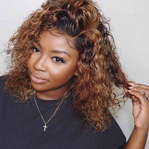 Short Bob Human Hair Wigs Ombre Brown Kinky Curly 12 Inch 180% Density Brazilian Virgin Human Hair with Bangs Frontal Wig Pre Plucked with Baby Hair None Lace Front Remy Hair for Women