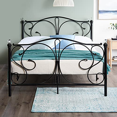 Home Treats 4ft6 Double Black Metal Bed Frame | Double Bed with Crystal Finials | Black Double Bed Frame for Kids Adult Bedroom | Double Metal Bed Frame | 4ft6 Double Bed