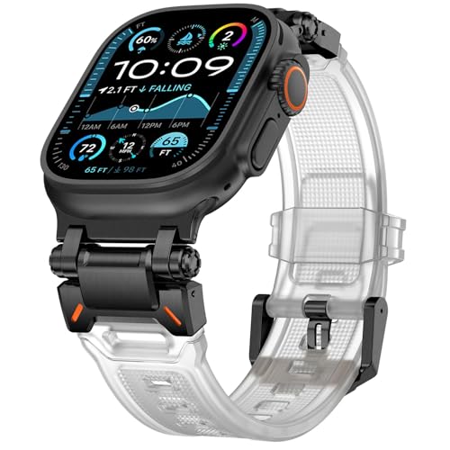 WINGLE Design for Apple Watch Band Apple Watch Ultra 2/Ultra 49mm for Men, Silicone Rubber Bands for Apple Watch Series 10 46mm, 9/8/7 45mm, SE 6/5/4 44mm, 3/2/1 42mm with Metal Connector, Clear