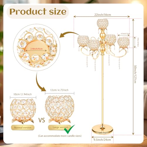 50" Tall Large Elegant Crystal Candelabra/Candlestick Holder Centerpiece for Weddings, Parties & Reception Decoration, Tealight Tray & Gorgeous Floor Candelabra Home Decor(Gold-1pc, 5-Arm) - Image 4