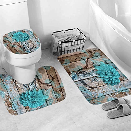 Busoiyou 4 Pcs Farmhouse Floral Flower Shower Curtain Set With Rugs , Teal Dahlia On Old Rustic Wooden Plank Country Shower Curtain Set, Barn Wood Fabric Shower Curtain With Hooks… (Farmhouse Floral) #TOP3