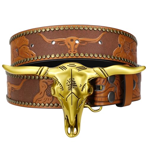 Cowboy Western Belt for Men Women, Cowgirl Country Floral Engraved Leather Belts with Longhorn Bull Skull Buckle