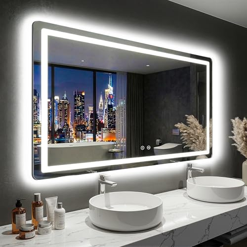 Image of LED Bathroom Mirror with Lights, 30 inchx50 inch Lighted Vanity Mirror for Wall | Anti-Fog, Dimmable 3 Color Light, Backlit+Frontlit, Shatterproof Tempered Glass, Memory Function