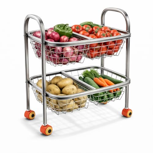 Image of OBEROI'S TRADERS Stainless Steel Vegetable & Fruit Storage Rack with Wheels, Kitchen Storage Basket Organizer, Rust Proof Stand for Onion, Potato, Fruits & Vegetables Trolley (2 Rack with 4 Partition)
