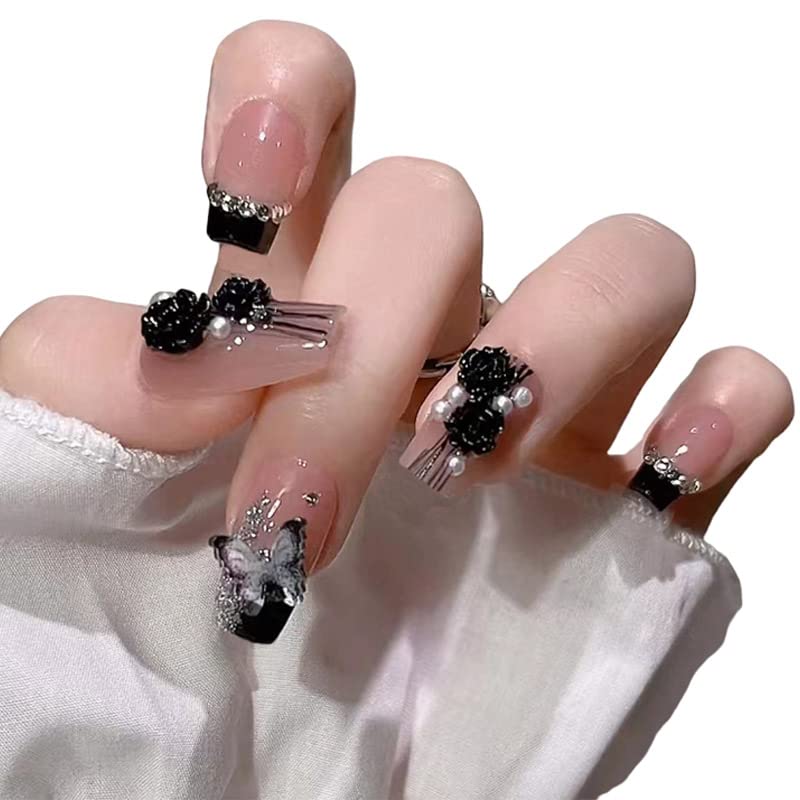 acrylic press on nails designer artificial nails extension glossy nude skin color with 3D butterfly & 3D flowers fake nail 24 pieces set