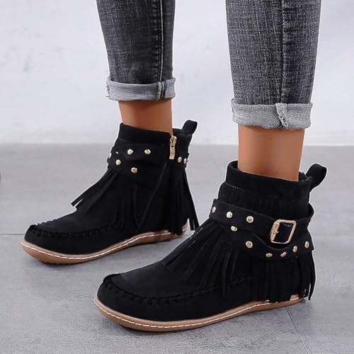 Ankle Cowboy Boots for Women Bohemian Wide Round Toe Chunky Bottom Vintage Suede Tassel Lace Up Western Cowboy Ankle Boots Fashion Pull On Retro Low Heel Mid Calf Dress Shoes with Zipper