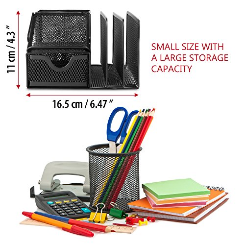 Plemo Mesh Desk Organizer Office Supplies Caddy with 6 Compartments: Drawer, Pen Holder, Memo Holder & File Holder, 6.42" x 4.13" x 5.71" - Thumbnail 6