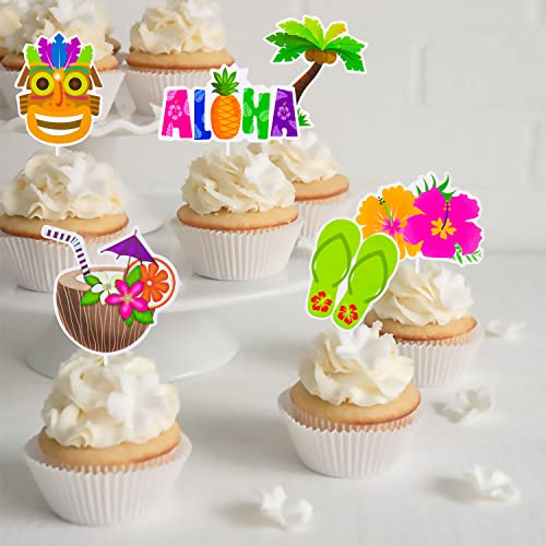32 Pcs Hawaii Aloha Luau Cupcake Toppers Hawaiian Tropical Summer Theme Birthday Party Cake Decorations With Palm Leaves Flamingo Tiki Coconut Pattern #TOP6