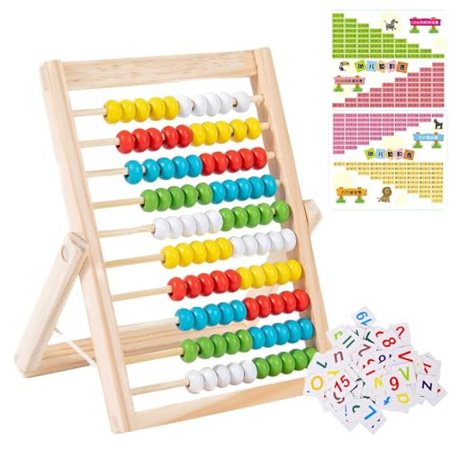 Sinirttou Rechenschieber Rechenrahmen mit 100 bunten Perlen, Zählen und Berechnen Holz Abakus mit Digitale Karten,Rechenhilfe für Kinder ab 3+,Lernspielzeug,pädagogische Spielzeug Montessori Spielzeug