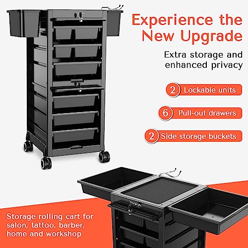 TASALON Premium Lockable Salon Trolley with Wheels and 6 Drawers & 2 Bucket, Versatile Salon Cart for Hair Stylist, Tattoo, Barber