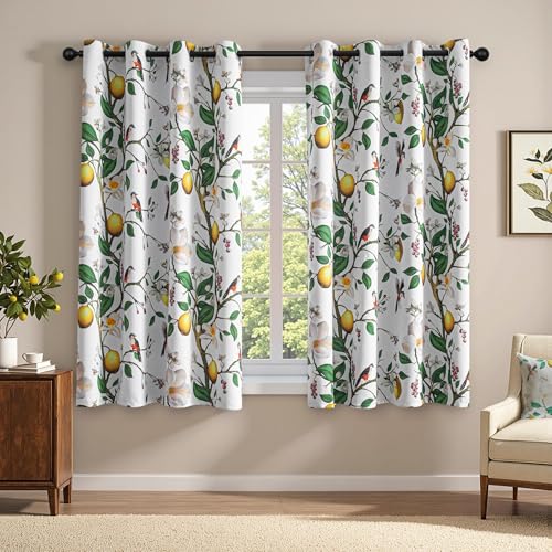 Image of MYSKY HOME Floral Blackout Curtains 63 inch Length 2 Panels Set with Flower Hummingbird Lemon Print for Living Room Bedroom Room Darkening Privacy Vintage Grommet Curtains & Drapes, 52 inch, Greyish White