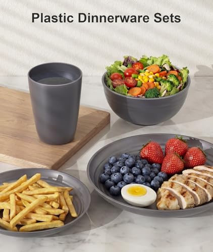 Image of Quatish 32 Piece Plates and Bowls Sets for 8, Unbreakable Dinnerware Sets, Plastic Dish Set for Camping, Dishwasher Microwave Safe, Outdoor Kitchen and Apartment Dorm Dinning RV Essentials, Grey