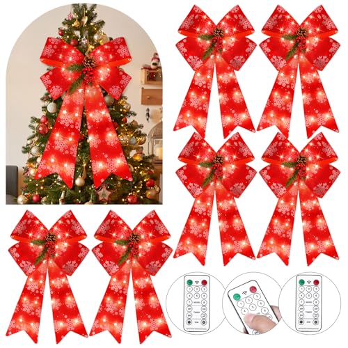 6 Pcs Pre Lit Christmas Wreath Decoration LED Xmas Bows with Timer Big Red Bow Lighted Christmas Tree Toppers for Indoor Outdoor Holiday Decor, 8 Light Functions (Snowflake)