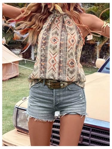 GORGLITTER Women's Western Halter Tops Boho Pleated Sleeveless Vintage Country Cowgirl Nashville Outfits 20253