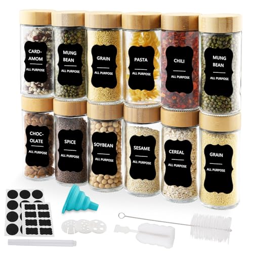 Foydream 12pcs Botes Especias Cristal, 120ml Hermeticos Tarros Cristal con Tapa de Madera de Rosca, Frascos Especiarias Redondo, Spice Jars con Tamiz, Etiquetas, Embudo