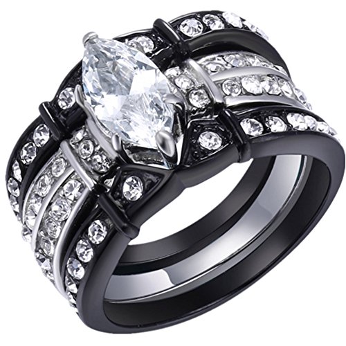 MABELLA Black Wedding Engagement Ring Set Stainless Steel Marquise Cz Gifts for Women, Size 10
