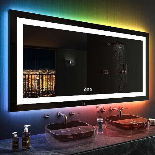 LOAAO 55X30 Inch RGB LED Bathroom Mirror with Lights, Anti-Fog, Dimmable Lighted Bathroom Vanity Mirror, Colorful Multiple Light Modes, RGB Backlit + Front Light, Memory Function