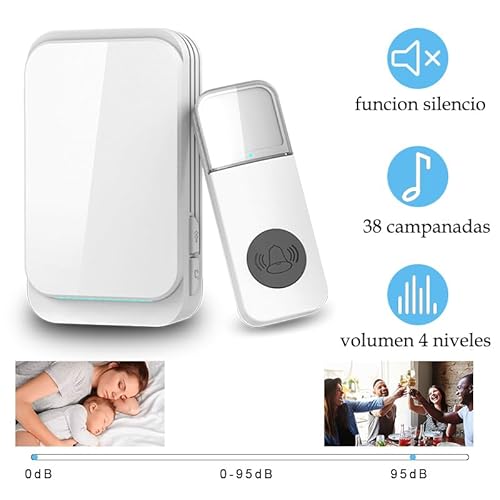Timbre inalámbrico, Timbre de Puerta con Indicadores LED, Resistente al Agua (Blanco) - imagen 2