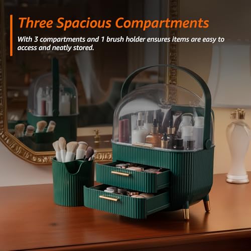 Image of Amazon Basics Large Capacity Makeup Organizer Box - Green, Portable Cosmetic Holder with Brush Storage Section
